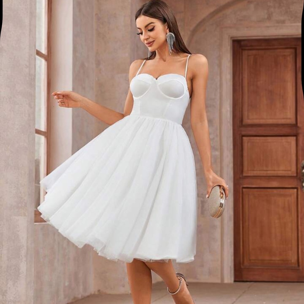 SHEIN Bridal Midi White Sheer Dress